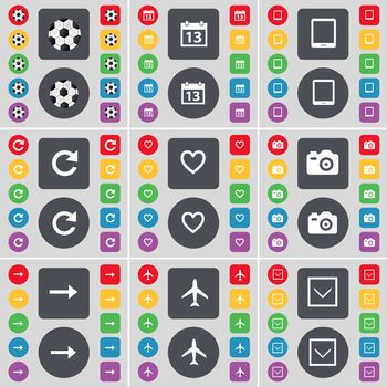 Ball, Calendar, Tablet PC, Reload, Heart, Camera, Arrow right, Airplane, Arrow down icon symbol. A large set of flat, colored buttons for your design. illustration