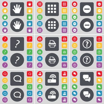 Hand, Apps, Minus, Question mark, Printer, Question mark, Chat cloud, Router, Chat icon symbol. A large set of flat, colored buttons for your design. illustration