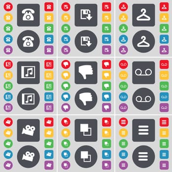 Retro phone, Floppy, Hanger, Music window, Dislike, Cassette, Film camera, Copy, Apps icon symbol. A large set of flat, colored buttons for your design. illustration