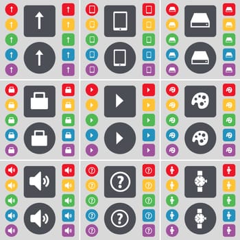 Arrow up, Tablet PC, Hard drive, Lock, Media play, Palette, Sound, Question mark, Wrist watch icon symbol. A large set of flat, colored buttons for your design. illustration