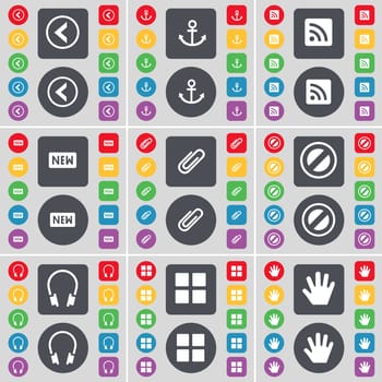 Arrow left, Anchor, RSS, New, Clip, Stop, Headphones, Apps, Hand icon symbol. A large set of flat, colored buttons for your design. illustration