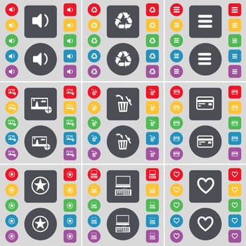 Sound, Recycling, Apps, Picture, Trash can, Credit card, Star, Laptop, Heart icon symbol. A large set of flat, colored buttons for your design. illustration