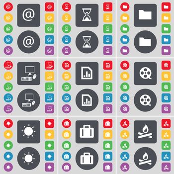 Mail, Hourglass, Folder, PC, Diagram file, Videotape, Light, Suitcase, Campfire icon symbol. A large set of flat, colored buttons for your design. illustration