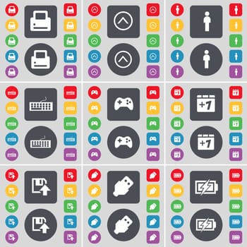 Printer, Arrow up, Silhouette, Keyboard, Gamepad, Plus one, Floppy, USB, Charging icon symbol. A large set of flat, colored buttons for your design. illustration