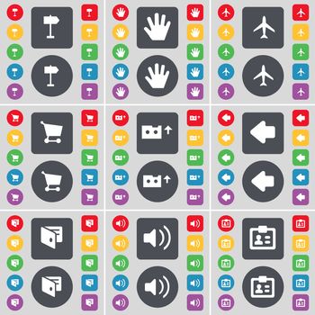 Signpost, Hand, Airplane, Shopping cart, Cassette, Arrow left, Wallet, Sound, Contact icon symbol. A large set of flat, colored buttons for your design. illustration