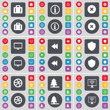 Suitcase, Information, Stop, Monitor, Rewind, Badge, Ball, Firtree, Monitor icon symbol. A large set of flat, colored buttons for your design. illustration