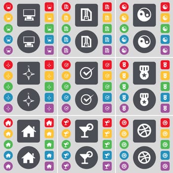 Monitor, ZIP file, Yin-Yang, Compass, Tick, Medal, House, Cocktail, Ball icon symbol. A large set of flat, colored buttons for your design. illustration