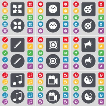 Full screen, Clock, Videotape, Pencil, Speaker, Megaphone, Note, Film camera, Yin-Yang icon symbol. A large set of flat, colored buttons for your design. illustration