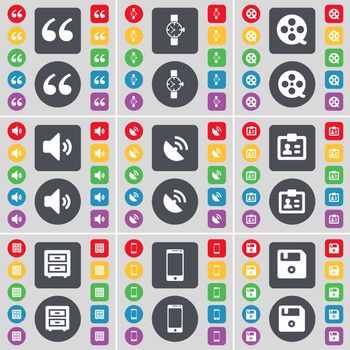 Quotation mark, Wrist watch, Videotape, Sound, Satellite dish, Contact, Bed-table, Smartphone, Floppy icon symbol. A large set of flat, colored buttons for your design. illustration