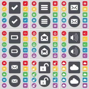 Tick, Apps, Message, Battery, Sound, Lock, Cloud icon symbol. A large set of flat, colored buttons for your design. illustration