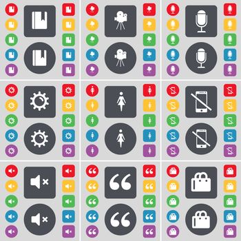 Dictionary, Film camera, Microphone, Gear, Silhouette, Smartphone, Mute, Quotation mark, Shopping bag icon symbol. A large set of flat, colored buttons for your design. illustration