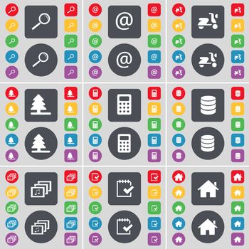 Magnifying glass, Mail, Scooter, Firtree, Calculator, Database, Gallery, Survey, House icon symbol. A large set of flat, colored buttons for your design. illustration