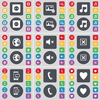 Socket, Picture, Note, Earth, Mute, Stop, SMS, Receiver, Heart icon symbol. A large set of flat, colored buttons for your design. illustration