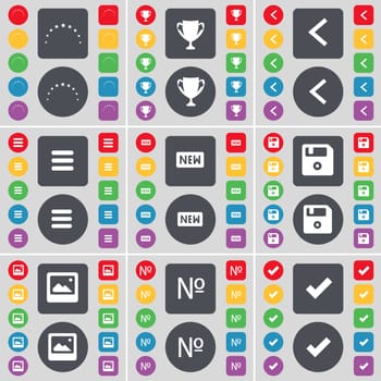 Star, Cup, Arrow left, Apps, New, Floppy, Window, Number, Tick icon symbol. A large set of flat, colored buttons for your design. illustration