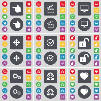 Hand, Clapper, Monitor, Moving, Tick, Lock, Gear, Avatar, Heart icon symbol. A large set of flat, colored buttons for your design. illustration