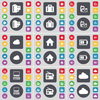 Negative films, Suitcase, SMS, Cloud, House, Battery, Laptop, Radio, Cloud icon symbol. A large set of flat, colored buttons for your design. illustration