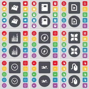 Film camera, Notebook, Media file, Graph, Flash, Deploying screen, Arrow down, Swimmer, Mouse icon symbol. A large set of flat, colored buttons for your design. illustration