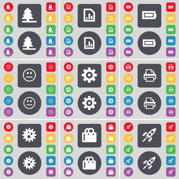 Firtree, Diagram file, Battery, Smile, Gear, Printer, Gear, Shopping bag, Rocket icon symbol. A large set of flat, colored buttons for your design. illustration