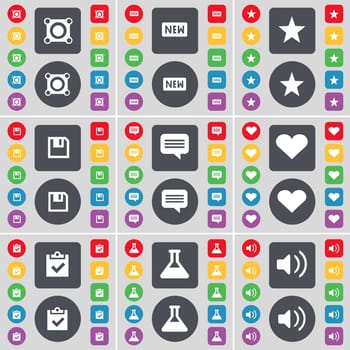 Speaker, New, Star, Floppy, Chat bubble, Heart, Survey, Flask, Sound icon symbol. A large set of flat, colored buttons for your design. illustration