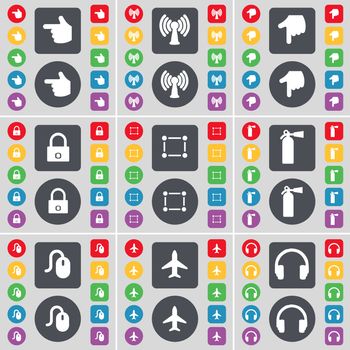 Hand, Wi-Fi, Hand, Lock, Frame, Fire extinguisher, Mouse, Airplane, Headphones icon symbol. A large set of flat, colored buttons for your design. illustration