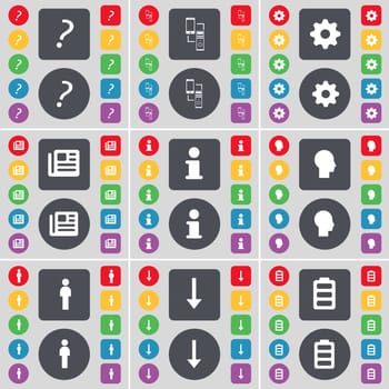 Question mark, Connection, Gear, Newspaper, Information, Silhouette, Arrow down, Battery icon symbol. A large set of flat, colored buttons for your design. illustration
