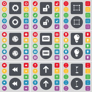 Gear, Lock, Frame, Pizza, Cassette, Light bulb, Rewind, Arrow up, Golf hole icon symbol. A large set of flat, colored buttons for your design. illustration