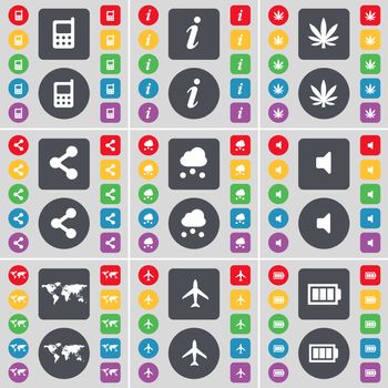 Mobile phone, Information, Marijuana, Share, Cloud, Sound, Globe, Airplane, Battery icon symbol. A large set of flat, colored buttons for your design. illustration