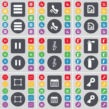 Apps, Receiver, Media file, Pause, Clef, Fire extinguisher, Frame, Calendar, Key icon symbol. A large set of flat, colored buttons for your design. illustration