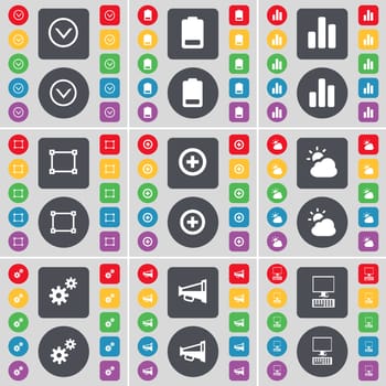 Arrow down, Battery, Diagram, Frame, Plus, Cloud, Gear, Megaphone, PC icon symbol. A large set of flat, colored buttons for your design. illustration
