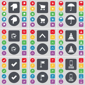 Hand, Shopping cart, Umbrella, Survey, Arrow up, Cone, Tick, Golf hole, Smartphone icon symbol. A large set of flat, colored buttons for your design. illustration
