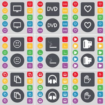 Monitor, DVD, Heart, Smile, Cigarette, Negative films, Copy, Headphones, Hand icon symbol. A large set of flat, colored buttons for your design. illustration