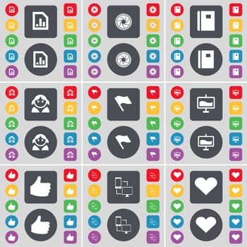 Diagram file, Lens, Notebook, Avatar, Flag, Graph, Like, Connection, Heart icon symbol. A large set of flat, colored buttons for your design. illustration