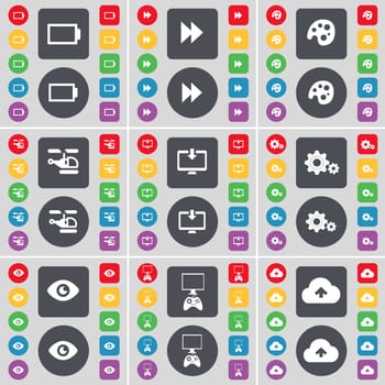 Battery, Rewind, Palette, Helicopter, Monitor, Gear, Vision, Game console, Cloud icon symbol. A large set of flat, colored buttons for your design. illustration