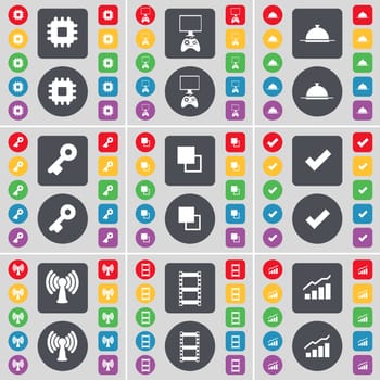 Processor, PC, Tray, Key, Copy, Tick, Wi-Fi, Negative films, Graph icon symbol. A large set of flat, colored buttons for your design. illustration