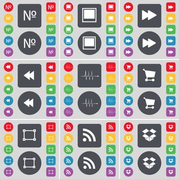 Number, Window, Rewind, Pulse, Shopping cart, Frame, RSS, Dropbox icon symbol. A large set of flat, colored buttons for your design. illustration