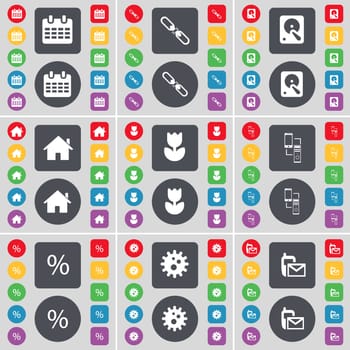 Calendar, Link, Hard drive, House, Flower, Connection, Percent, Gear, SMS icon symbol. A large set of flat, colored buttons for your design. illustration