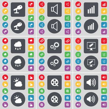 Microphone, Sound, Diagram, Cloud, Gear, Monitor, Weather, Videotape, Sound icon symbol. A large set of flat, colored buttons for your design. illustration