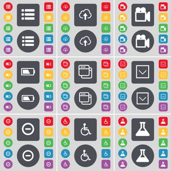List, Cloud, Film camera, Battery, Window, Arrow down, Mnus, Disabled person, Flask icon symbol. A large set of flat, colored buttons for your design. illustration
