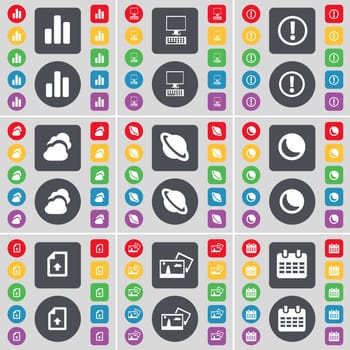 Diagram, PC, Warning, Cloud, Planet, Moon, Upload file, Picture, Calendar icon symbol. A large set of flat, colored buttons for your design. illustration