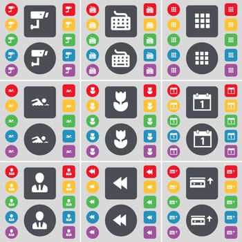 CCTV, Keyboard, Apps, Swimmer, Flower, Calendar, Avatar, Rewind, Cassette icon symbol. A large set of flat, colored buttons for your design. illustration