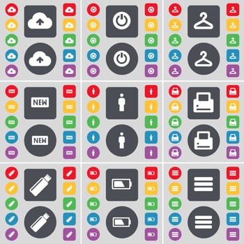 Cloud, Power, Hanger, New, Silhouette, Printer, USB, Battery, Apps icon symbol. A large set of flat, colored buttons for your design. illustration