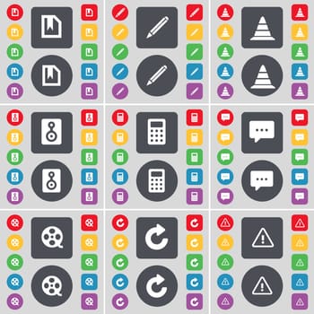 File, Pencil, Cone, Speaker, Calculator, Chat, Videotape, Reload, Warning icon symbol. A large set of flat, colored buttons for your design. illustration