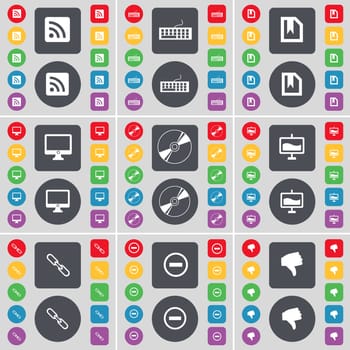 RSS, Keyboard, File, Monitor, Disk, Graph, Link, Minus, Dislike icon symbol. A large set of flat, colored buttons for your design. illustration