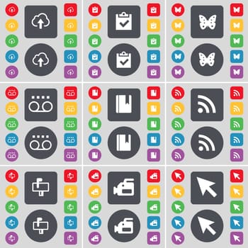 Cloud, Survey, Butterfly, Cassette, Dictionary, RSS, Mailbox, Film camera, Cursor icon symbol. A large set of flat, colored buttons for your design. illustration