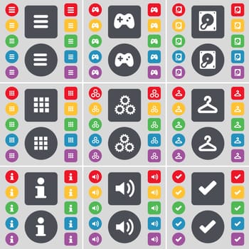 Apps, Gamepad, Hard drive, Apps, Gear, Hanger, Information, Sound, Tick icon symbol. A large set of flat, colored buttons for your design. illustration