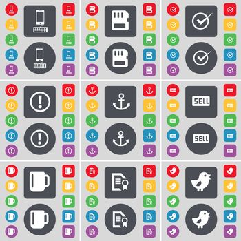 Smartphone, SIM card, Tick, Warning, Anchor, Sell, Cup, Text file, Bird icon symbol. A large set of flat, colored buttons for your design. illustration