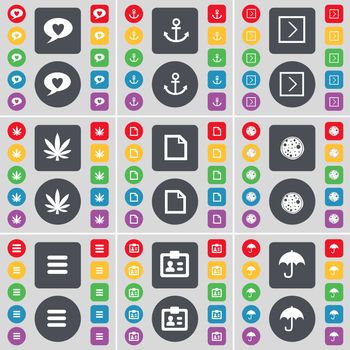 Chat bubble, Anchor, Arrow right, Marijuana, File, Pizza, Apps, Contact, Umbrella icon symbol. A large set of flat, colored buttons for your design. illustration