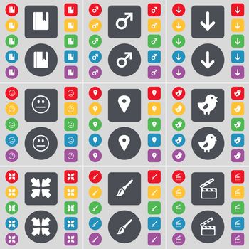 Dictionary, Mars symbol, Arrow down, Smile, Checkpoint, Bird, Deploying screen, Brush, Clapper icon symbol. A large set of flat, colored buttons for your design. illustration