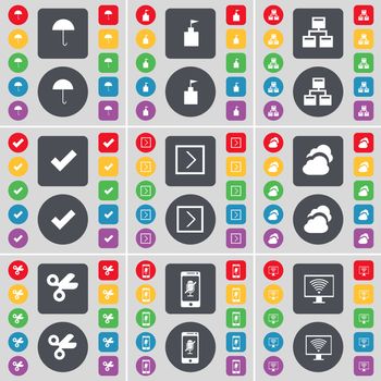Umbrella, Flag tower, Network, Tick, Arrow right, Cloud, Scissors, Smartphone, Monitor icon symbol. A large set of flat, colored buttons for your design. illustration