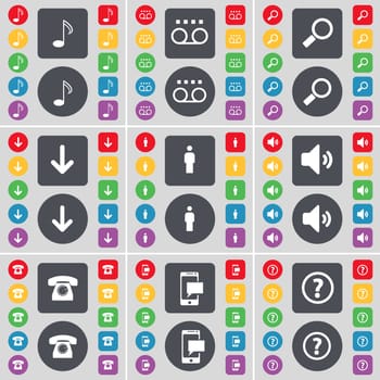 Note, Cassette, Magnifying glass, Arrow down, Silhouette, Sound, Retro phone, SMS, Question mark icon symbol. A large set of flat, colored buttons for your design. illustration
